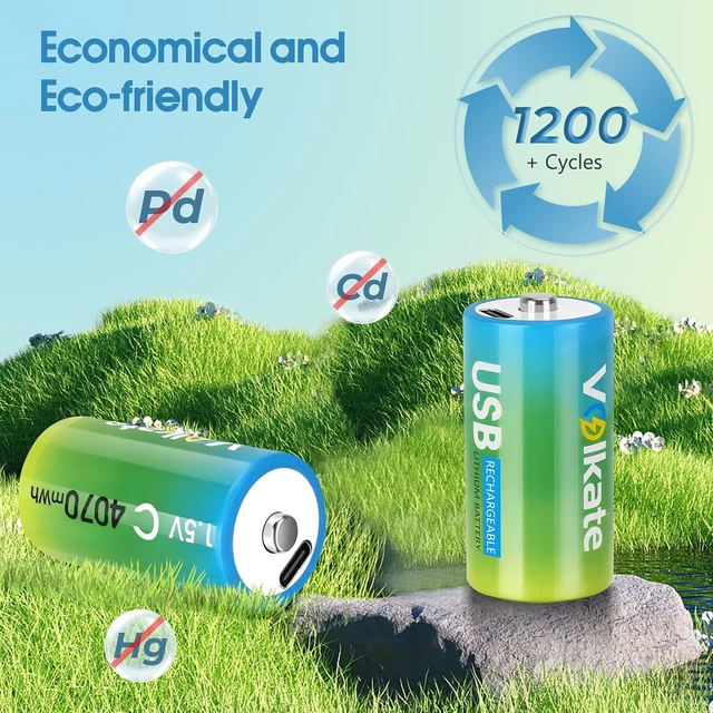 Alt view image 5 of 7 - 4 Pack USB Rechargeable 1.5V Lithium C Cell Batteries 4070mWh, 1200+ Cycles