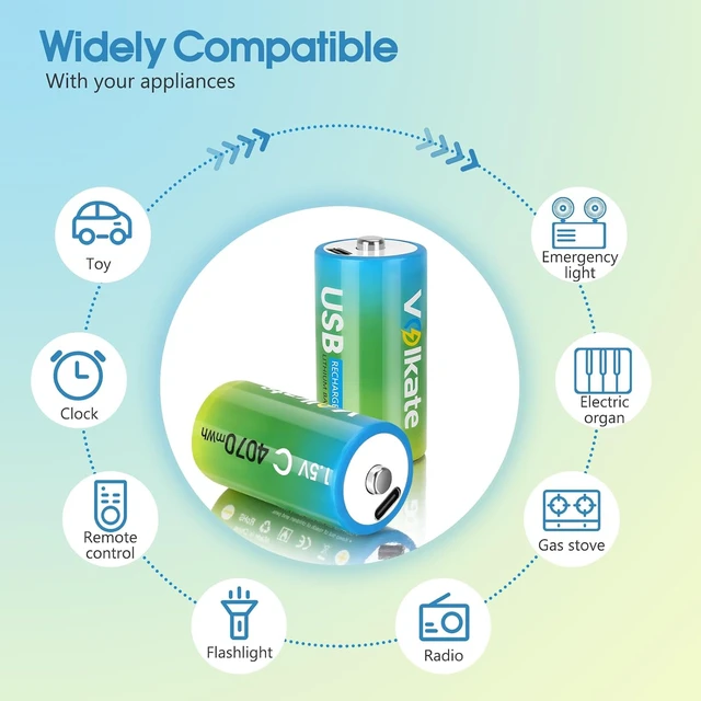 Alt view image 7 of 7 - 4 Pack USB Rechargeable 1.5V Lithium C Cell Batteries 4070mWh, 1200+ Cycles