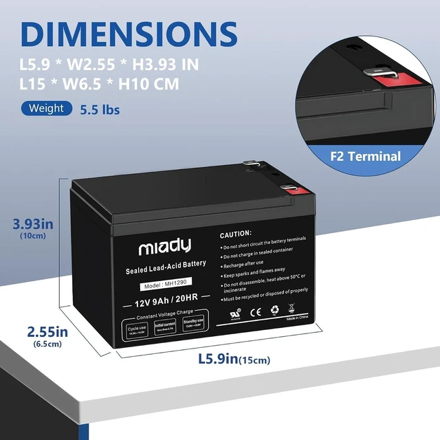 Alt view image 2 of 7 - Miady 12V 9Ah Rechargeable Sealed Lead Acid Battery (2 Packs)