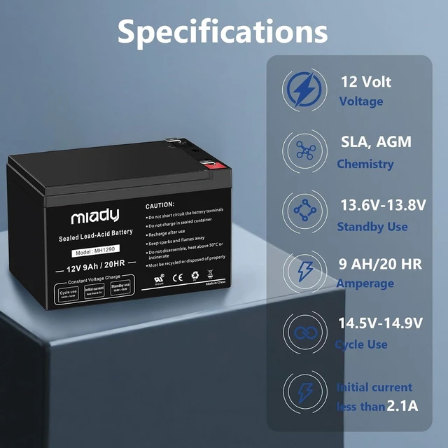 Alt view image 7 of 7 - Miady 12V 9Ah Rechargeable Sealed Lead Acid Battery (2 Packs)