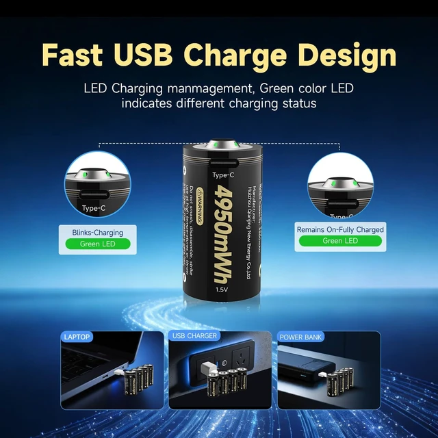 Alt view image 2 of 7 - Lithium C Batteries Rechargeable 4 Pack,1.5V LR14 4950mWh Large Capacity C Cell Batteries with 4-in-1 Cable,1300+ Cycles,Replacement for Toys, Flashlights, Remote Controls & More