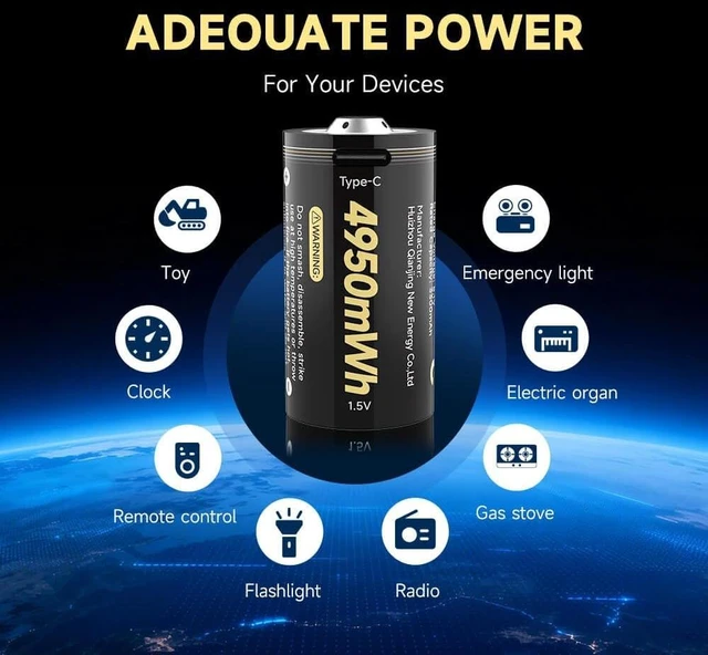 Alt view image 6 of 7 - Lithium C Batteries Rechargeable 4 Pack,1.5V LR14 4950mWh Large Capacity C Cell Batteries with 4-in-1 Cable,1300+ Cycles,Replacement for Toys, Flashlights, Remote Controls & More
