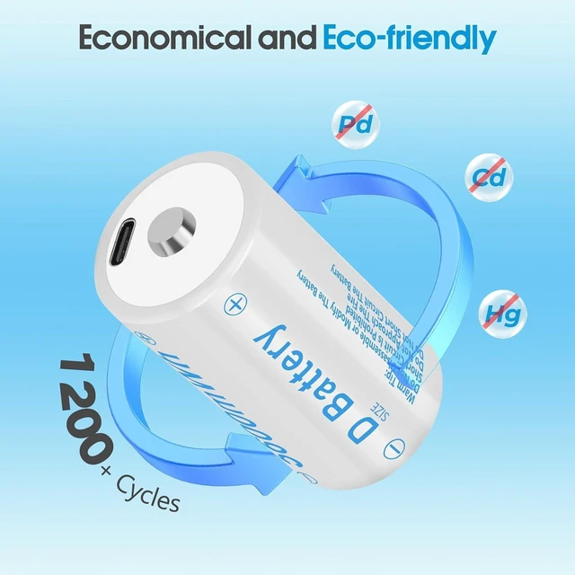 Alt view image 4 of 6 - Rechargeable Lithium D Batteries with 4 in 1 USB-C Charging Cable 5600mWh 1.5V D Size Cell Battery (6 Pack)
