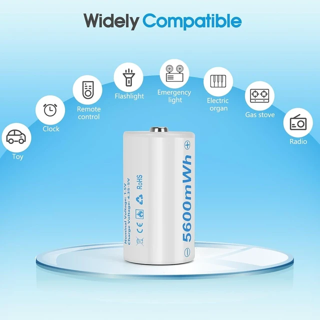 Alt view image 6 of 6 - Rechargeable Lithium D Batteries with 4 in 1 USB-C Charging Cable 5600mWh 1.5V D Size Cell Battery (6 Pack)