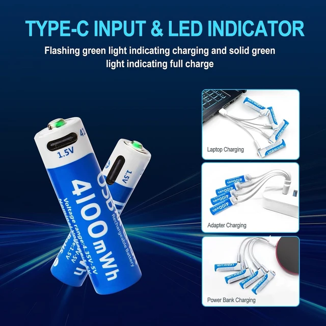 Alt view image 2 of 7 - 4100mWh AA and 1100mWh AAA Lithium Batteries Rechargeable Combo 8 Pack, 1.5V USB C Double A Triple A Batteries, Long Lasting 1200 Cycles, High Capacity Battery for Smart Door Lock (4AA & 4AAA)