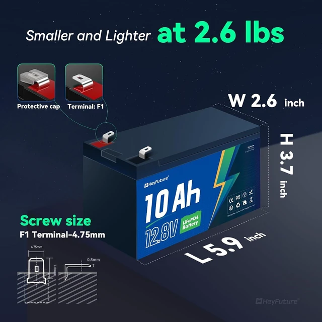 Alt view image 4 of 7 - 12.8V 10Ah LiFePO4 Deep Cycle Battery with 20A BMS, F1 Terminal