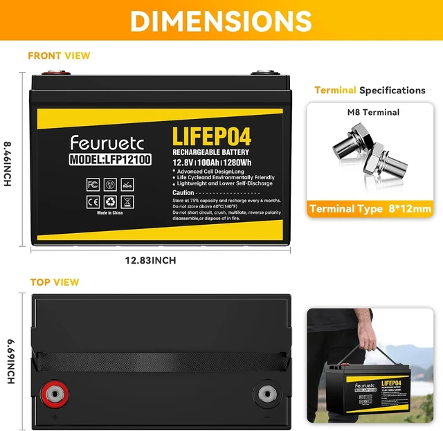 Alt view image 2 of 7 - 12V 100Ah LiFePO4 Solar Battery Deep Cycle Lithium Battery for Solar Systems, Off-Grid, RV, Marine, and Backup Power with 15000+ Cycles, Lightweight, Maintenance-Free