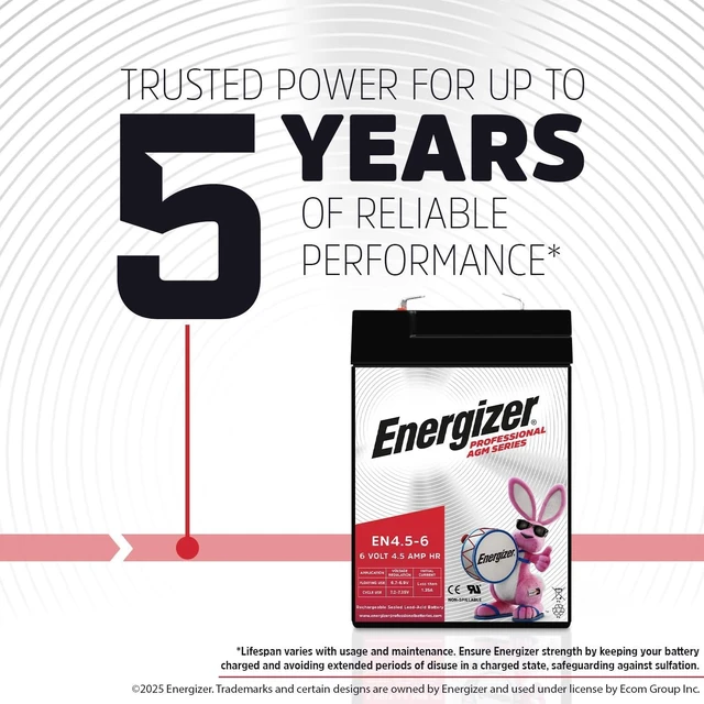 Alt view image 4 of 6 - Energizer EN4.5-6 - 2 Pack - 6 Volt 4.5 Amp Hr, Long Lasting Sealed Lead Acid AGM Rechargeable Battery Ideal for Use in Kids Ride On, Emergency Lighting, Backup Power, and More
