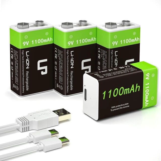 Main image of LP 9V Rechargeable Lithium-Ion Batteries 4-Pack 1100mAh, USB-C Charging with 2-in-1 Cable, Long Lasting Battery for Smoke Alarms, Walkie-Talkies, Game Controllers, Microphones and Flashlights