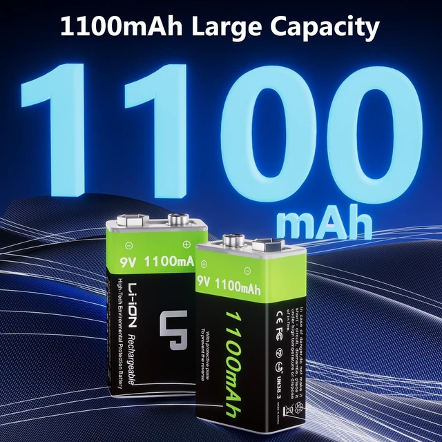 Alt view image 2 of 7 - LP 9V Rechargeable Lithium-Ion Batteries 4-Pack 1100mAh, USB-C Charging with 2-in-1 Cable, Long Lasting Battery for Smoke Alarms, Walkie-Talkies, Game Controllers, Microphones and Flashlights