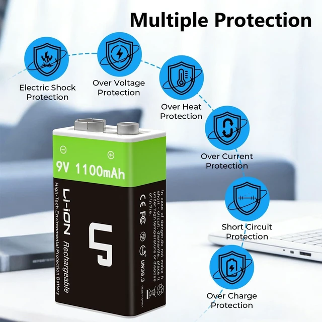 Alt view image 3 of 7 - LP 9V Rechargeable Lithium-Ion Batteries 4-Pack 1100mAh, USB-C Charging with 2-in-1 Cable, Long Lasting Battery for Smoke Alarms, Walkie-Talkies, Game Controllers, Microphones and Flashlights