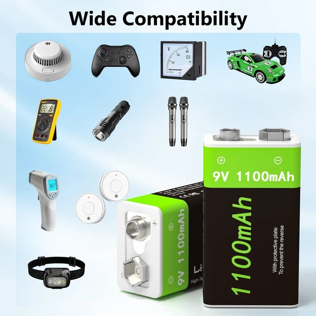 Alt view image 5 of 7 - LP 9V Rechargeable Lithium-Ion Batteries 4-Pack 1100mAh, USB-C Charging with 2-in-1 Cable, Long Lasting Battery for Smoke Alarms, Walkie-Talkies, Game Controllers, Microphones and Flashlights