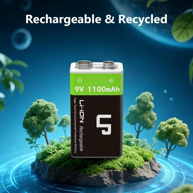 Alt view image 6 of 7 - LP 9V Rechargeable Lithium-Ion Batteries 4-Pack 1100mAh, USB-C Charging with 2-in-1 Cable, Long Lasting Battery for Smoke Alarms, Walkie-Talkies, Game Controllers, Microphones and Flashlights