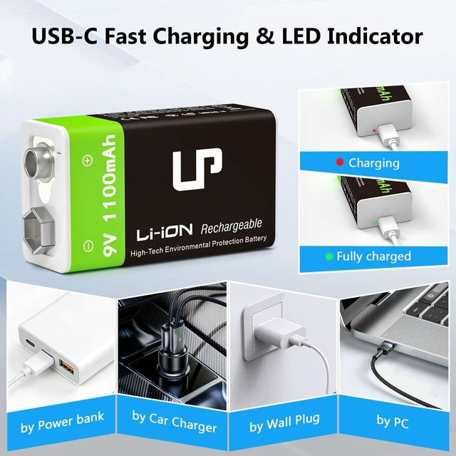 Alt view image 4 of 7 - LP 9V Rechargeable Lithium-Ion Batteries 4-Pack 1100mAh, USB-C Charging with 2-in-1 Cable, Long Lasting Battery for Smoke Alarms, Walkie-Talkies, Game Controllers, Microphones and Flashlights