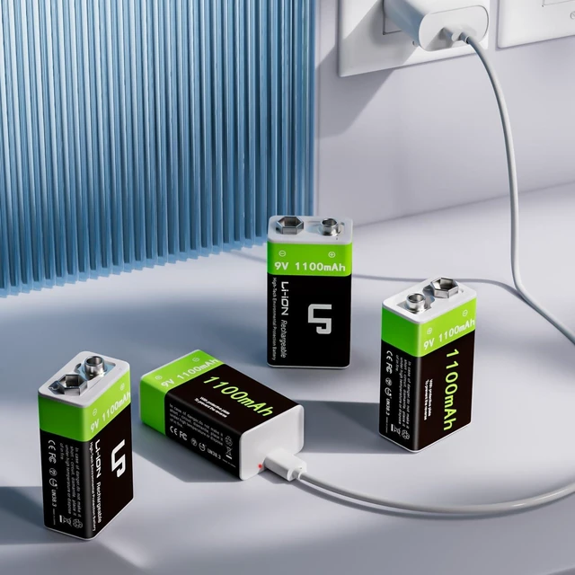 Alt view image 7 of 7 - LP 9V Rechargeable Lithium-Ion Batteries 4-Pack 1100mAh, USB-C Charging with 2-in-1 Cable, Long Lasting Battery for Smoke Alarms, Walkie-Talkies, Game Controllers, Microphones and Flashlights