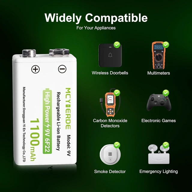 Alt view image 3 of 6 - 9Volt Lithium Batteries 5 Pack Long-Lasting with USB-C Cable