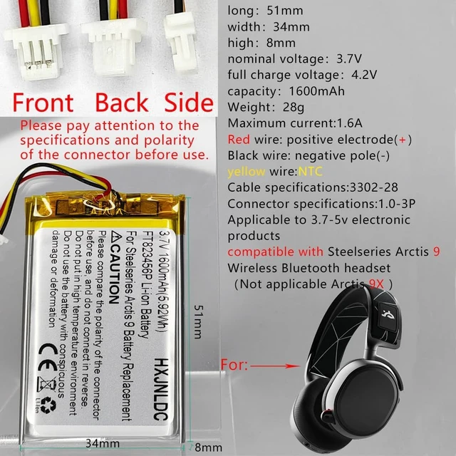 Alt view image 2 of 7 - DC 3.7V 1600mAh 803450 FT823456P Rechargeable Polymer Lithium Battery for Steelseries Arctis 9 Wireless Gaming Headset Battery Replacement