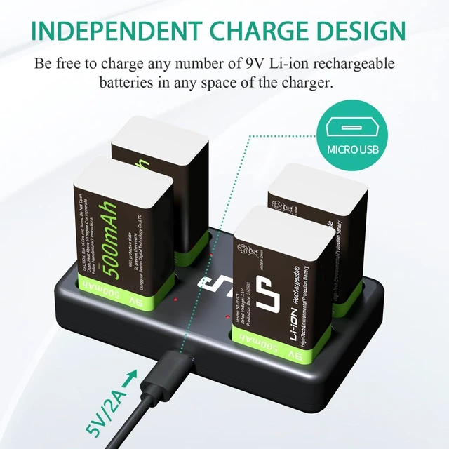 Alt view image 3 of 7 - LP 9V Rechargeable Batteries with Micro USB Charging Station 4 Pack 500mAh