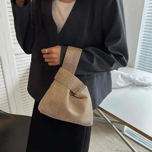 Alt view image 3 of 4 - Women Fashion Sequin Bag Solid Color Rhinestone Bling Wristlet Bag Versatile Small Luxury Clutch Female Evening Party Handbag