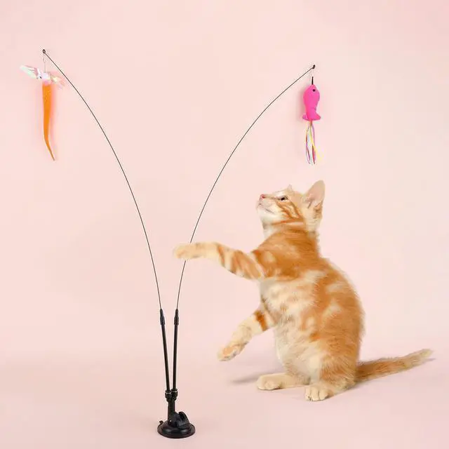 Alt view image 7 of 7 - Pet Cat Toy Set Suction Cup Toy Set Double Headed Teaser Stick Set Handfree Cat Toy Stick for Cat Training Playing Accessories