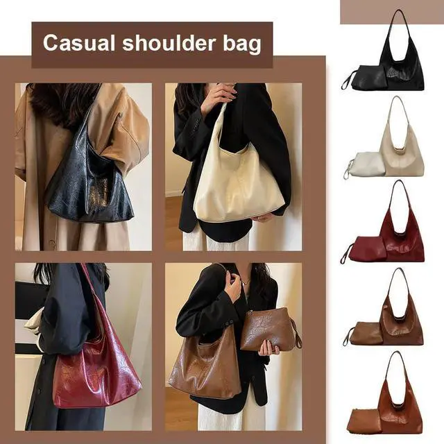 Alt view image 6 of 7 - Women Leather Shoulder Bag Versatile Soft Underarm Bag Casual Hobo Bag and Clutch 2pcs Shoulder Bag and Handbag Set Shopping Bag