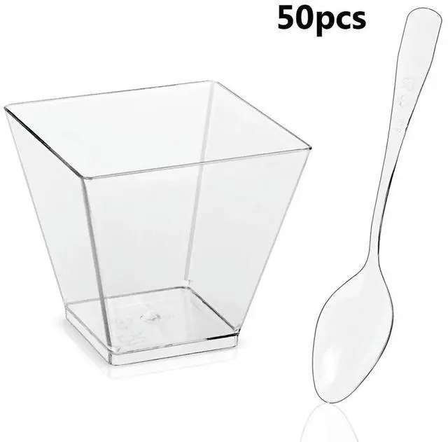 Alt view image 2 of 4 - 50Pcs Disposable Hard Plastic Transparent Gold Powder Mousses Dessert Appetizers Cup Spoons Lids Wedding Party Food Holder