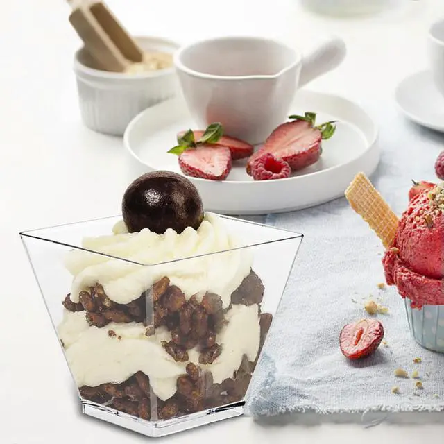 Alt view image 4 of 4 - 50Pcs Disposable Hard Plastic Transparent Gold Powder Mousses Dessert Appetizers Cup Spoons Lids Wedding Party Food Holder