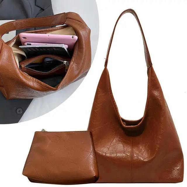 Alt view image 4 of 4 - Women Leather Shoulder Bag Versatile Hobo Bag and Clutch Casual 2pcs Shoulder Bag and Handbag Set Satchel Hobo Bag Commuting Bag