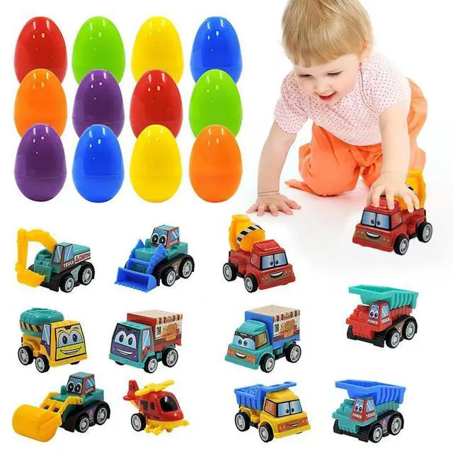 Main image of 12Pcs Prefilled Easter Eggs Easter Basket Stuffers with Engineering Vehicles Inside Filled Easter Egg Gift for Kids Toddlers