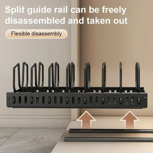 Alt view image 6 of 8 - Pull Out Pot Lid Holder with 8 Adjustable Dividers Sliding Dish Drying Shelf Slide Out Pot Pan Organizer for Under Cabinet