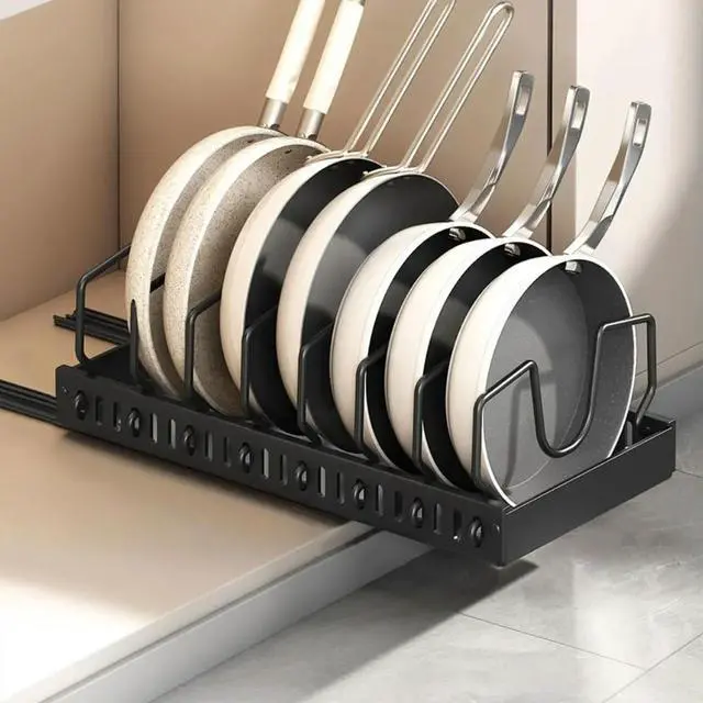 Alt view image 7 of 8 - Kitchen Pots Pans Organizer with 8 Adjustable Dividers Sliding Dish Drying Shelf Slide Out Pot Pan Organizer for Under Cabinet