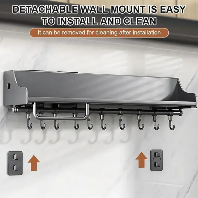 Alt view image 3 of 4 - 60CM Kitchen Rack with 12 Hooks Hanging Rack Punch-Free Spice Organizer for Chopsticks Spoons Shovels Organize