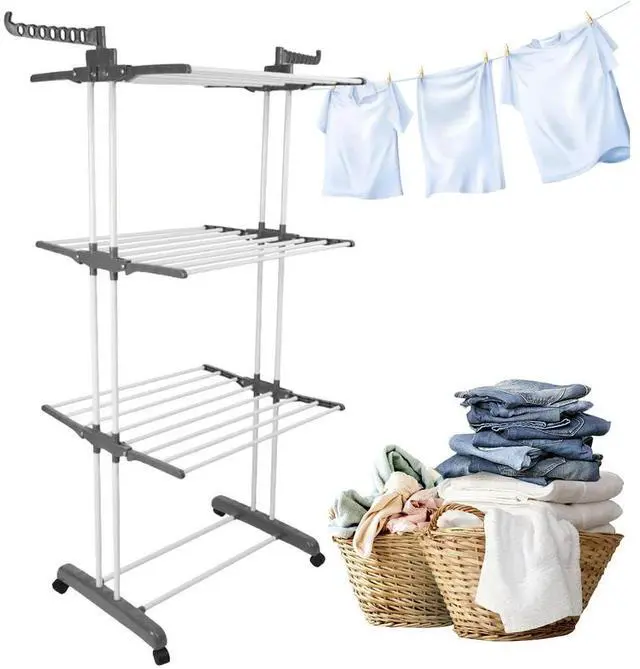 Alt view image 2 of 6 - 4-Tier Folding Drying Rack Free Standing Movable Laundry Rack with 4 Castors Clothes Horses Rack for Towels Clothes Shoes Linen