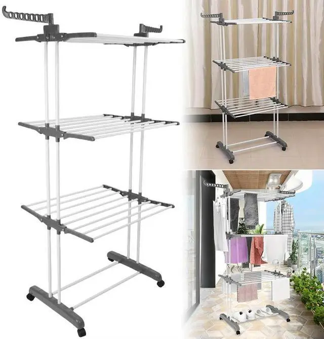 Alt view image 3 of 6 - 4-Tier Folding Drying Rack Free Standing Movable Laundry Rack with 4 Castors Clothes Horses Rack for Towels Clothes Shoes Linen