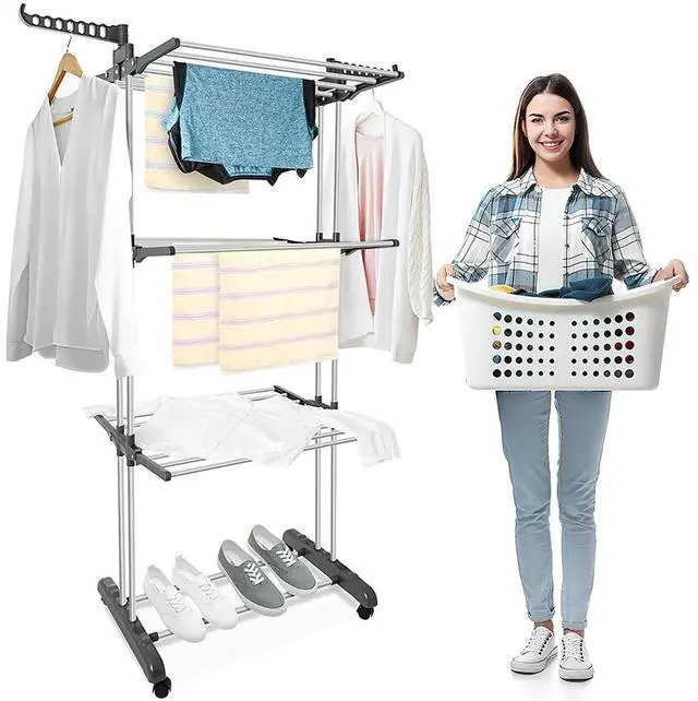 Alt view image 4 of 6 - 4-Tier Folding Drying Rack Free Standing Movable Laundry Rack with 4 Castors Clothes Horses Rack for Towels Clothes Shoes Linen