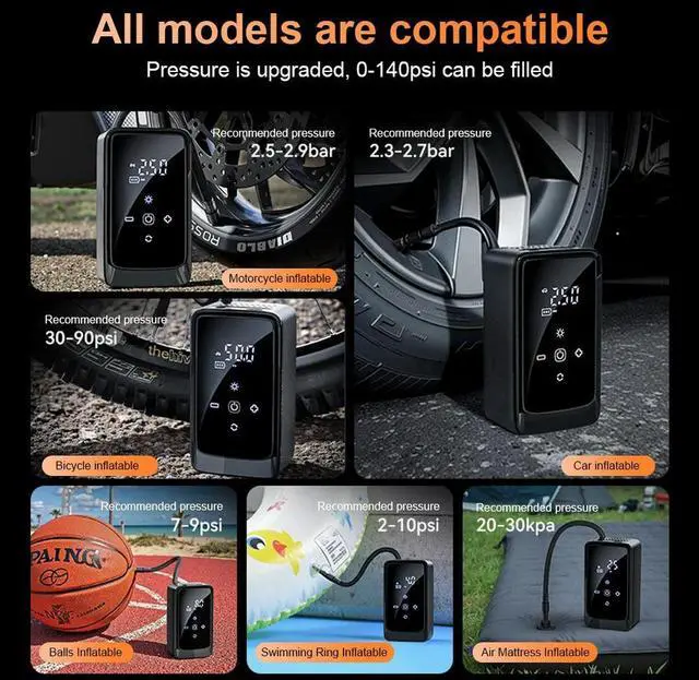 Alt view image 3 of 4 - Portable Air Compressor 140 PSI Cordless Bike Pump Electric Bike Tire Pump for Car Motorcycle Bicycle Balls and More