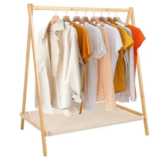 Alt view image 2 of 4 - Wood Clothes Rack Foldable Garment Rack Portable Clothing Organizer Shelves for Hanging Clothes Coats Skirts Shoes Bags