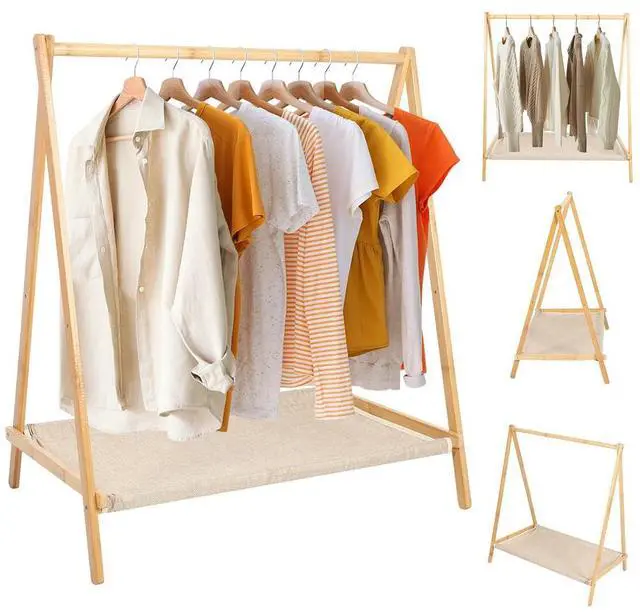 Alt view image 4 of 4 - Wood Clothes Rack Foldable Garment Rack Portable Clothing Organizer Shelves for Hanging Clothes Coats Skirts Shoes Bags