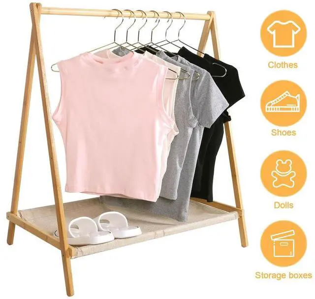 Alt view image 3 of 4 - Wood Clothes Rack Foldable Garment Rack Portable Clothing Organizer Shelves for Hanging Clothes Coats Skirts Shoes Bags