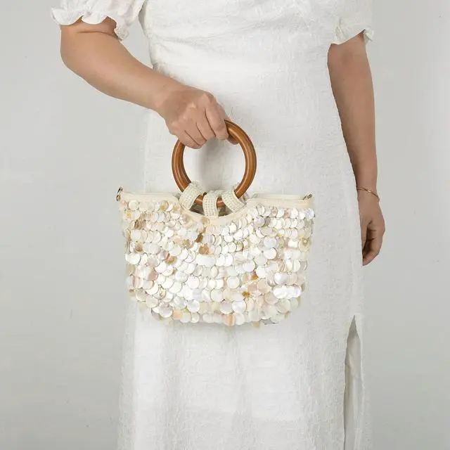Alt view image 5 of 8 - Handmade Heavy Industry Natural Shell Beaded Clutch Purse Wooden Handle Beach Bag Women's Wedding Party Bag 2025