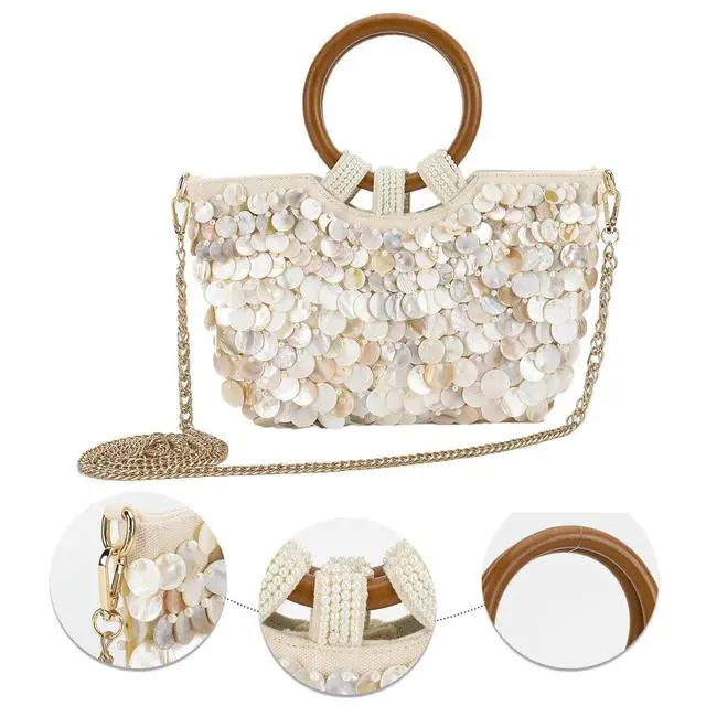 Alt view image 6 of 8 - Handmade Heavy Industry Natural Shell Beaded Clutch Purse Wooden Handle Beach Bag Women's Wedding Party Bag 2025