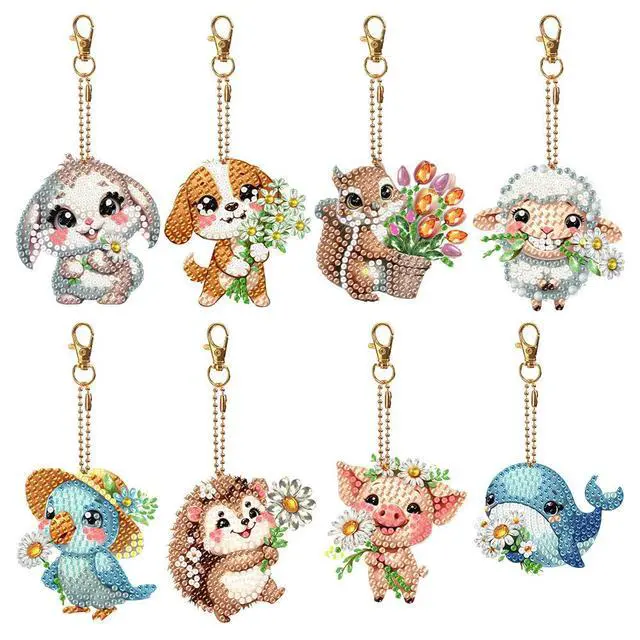 Alt view image 6 of 7 - 8Pcs Double Sided Cute Animal Diamond Painting Keychain Diamond Painting Art Keychain Pendant for Home Birthday Party Decor