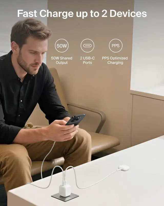 Alt view image 2 of 7 - 2-Port USB C Charger Block 50W Dual-Port GaN Charger w/ 2X USB C Ports & Included 1M C-C Cable Fast Charging for MacBook iPhone iPad Chromebook Galaxy Pixel - Travel Essentials - White