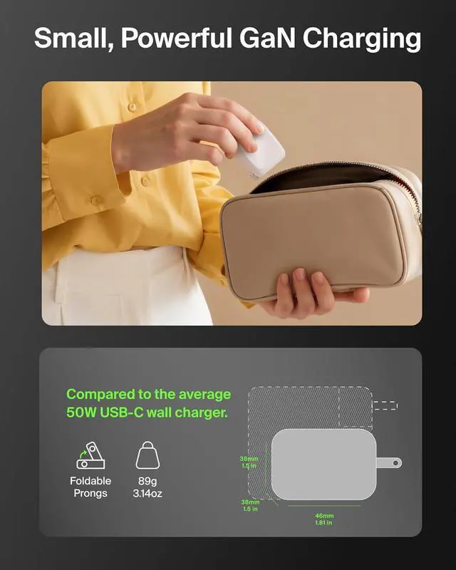 Alt view image 3 of 7 - 2-Port USB C Charger Block 50W Dual-Port GaN Charger w/ 2X USB C Ports & Included 1M C-C Cable Fast Charging for MacBook iPhone iPad Chromebook Galaxy Pixel - Travel Essentials - White