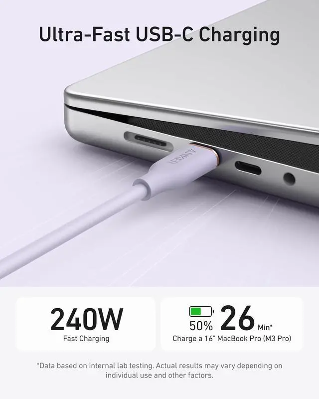Alt view image 4 of 6 - USB C Cable Type C Fast Charging Flow Cord for iPhone 1716/15 Series MacBook Pro 2020 and More (USB 2.0 240W 1 Pack Purple 6FT)
