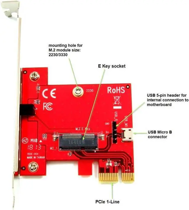 Alt view image 2 of 7 - PEXM2150E PCI Express x1 Adapter Card with M.2 Key E Socket - Support M2 E Key or A-E Key WiFi or Bluetooth Module, TAA