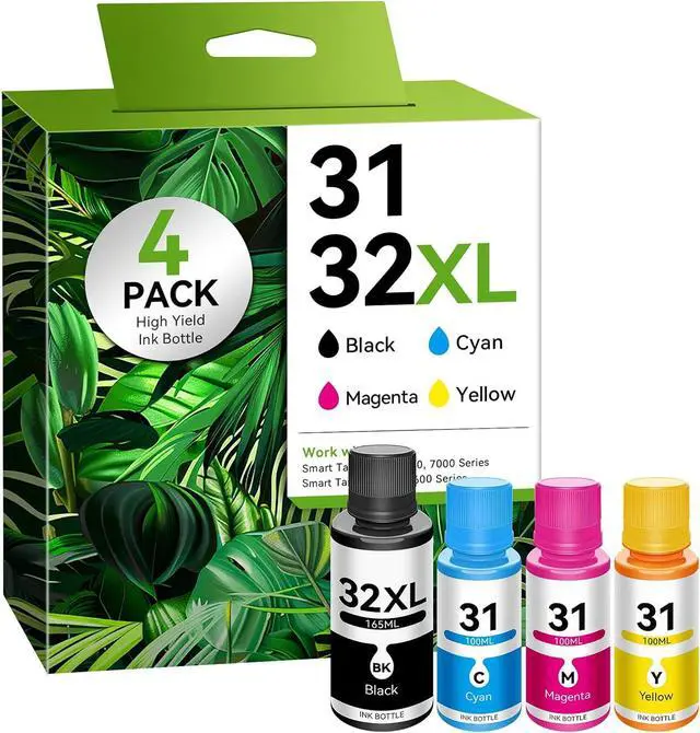 Main image of 31 32XL Black, Cyan, Magenta, Yellow Ink Bottles Set (4-Pack) Compatible with HP Ink 31 and 32XL Work Smart Tank 7602 5101 6001 5000 5103 7301 7001 7302 5102 Ink Refill Smart Tank Plus 580 651 Printer