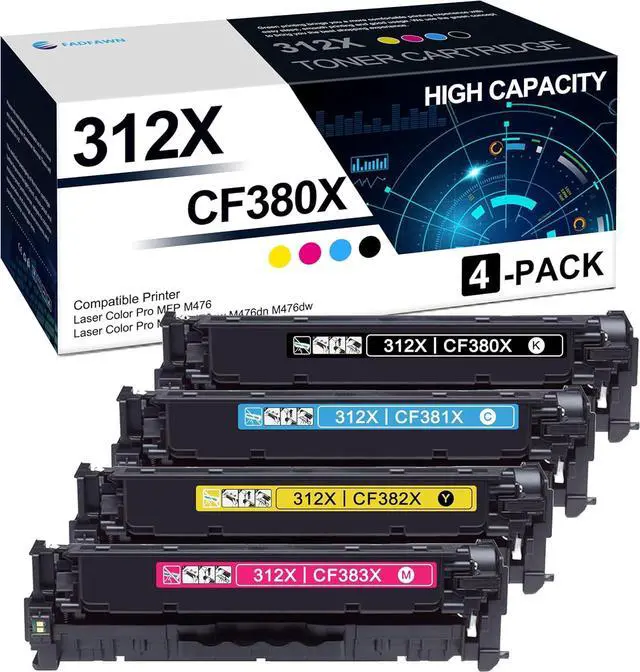 Main image of 312X High Yield Toner Cartridges 4 Pack: Compatible CF380X CF381X CF382X CF383X Toner Replacement for HP 312X 312A Laser Color Pro MFP M476 MFP M476nw M476dn M476dw Printers(1BK/1C/1M/1Y)