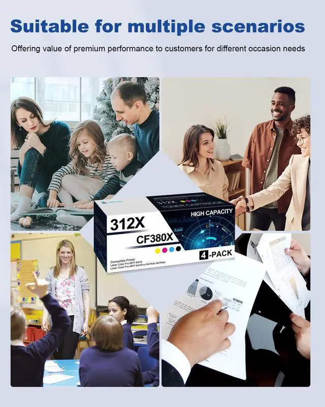 Alt view image 6 of 6 - 312X High Yield Toner Cartridges 4 Pack: Compatible CF380X CF381X CF382X CF383X Toner Replacement for HP 312X 312A Laser Color Pro MFP M476 MFP M476nw M476dn M476dw Printers(1BK/1C/1M/1Y)