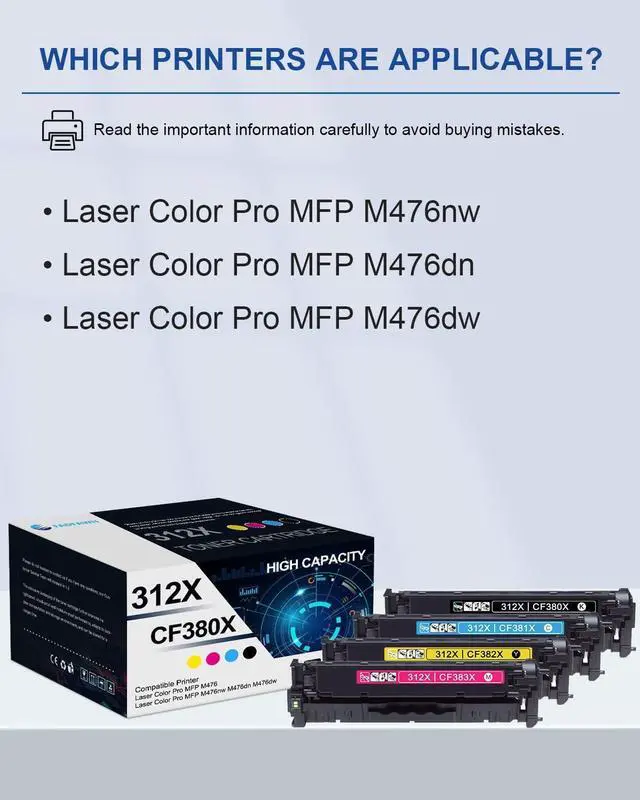 Alt view image 2 of 6 - 312X High Yield Toner Cartridges 4 Pack: Compatible CF380X CF381X CF382X CF383X Toner Replacement for HP 312X 312A Laser Color Pro MFP M476 MFP M476nw M476dn M476dw Printers(1BK/1C/1M/1Y)